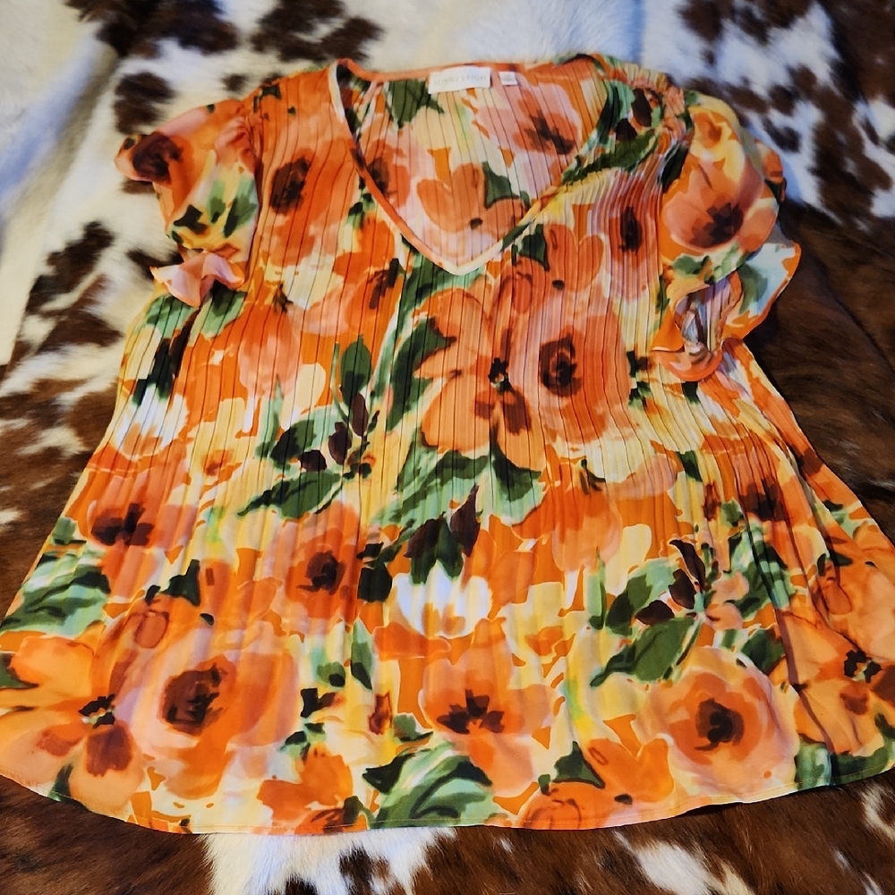 Sunny Leigh Orange Floral Blouse Sz 1X